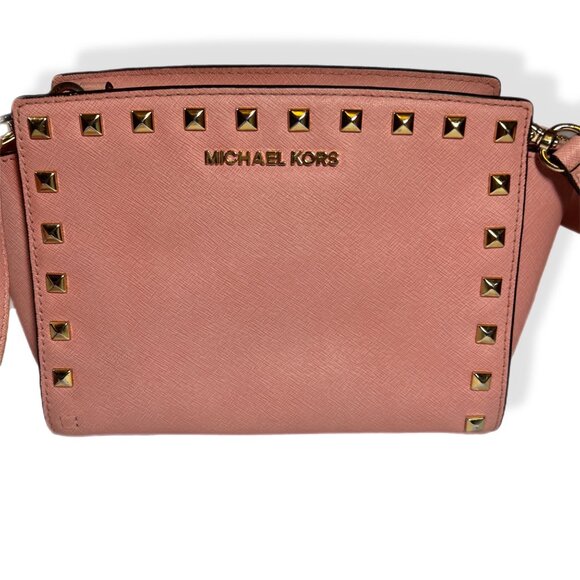 Michael Kors Pink Selma Studded Crossbody Bag Gold Accents Small - Picture 1 of 10